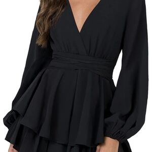 Nova In The Sky Black V-Neck Long Sleeve Ruffle Dress With Tie Around Waist